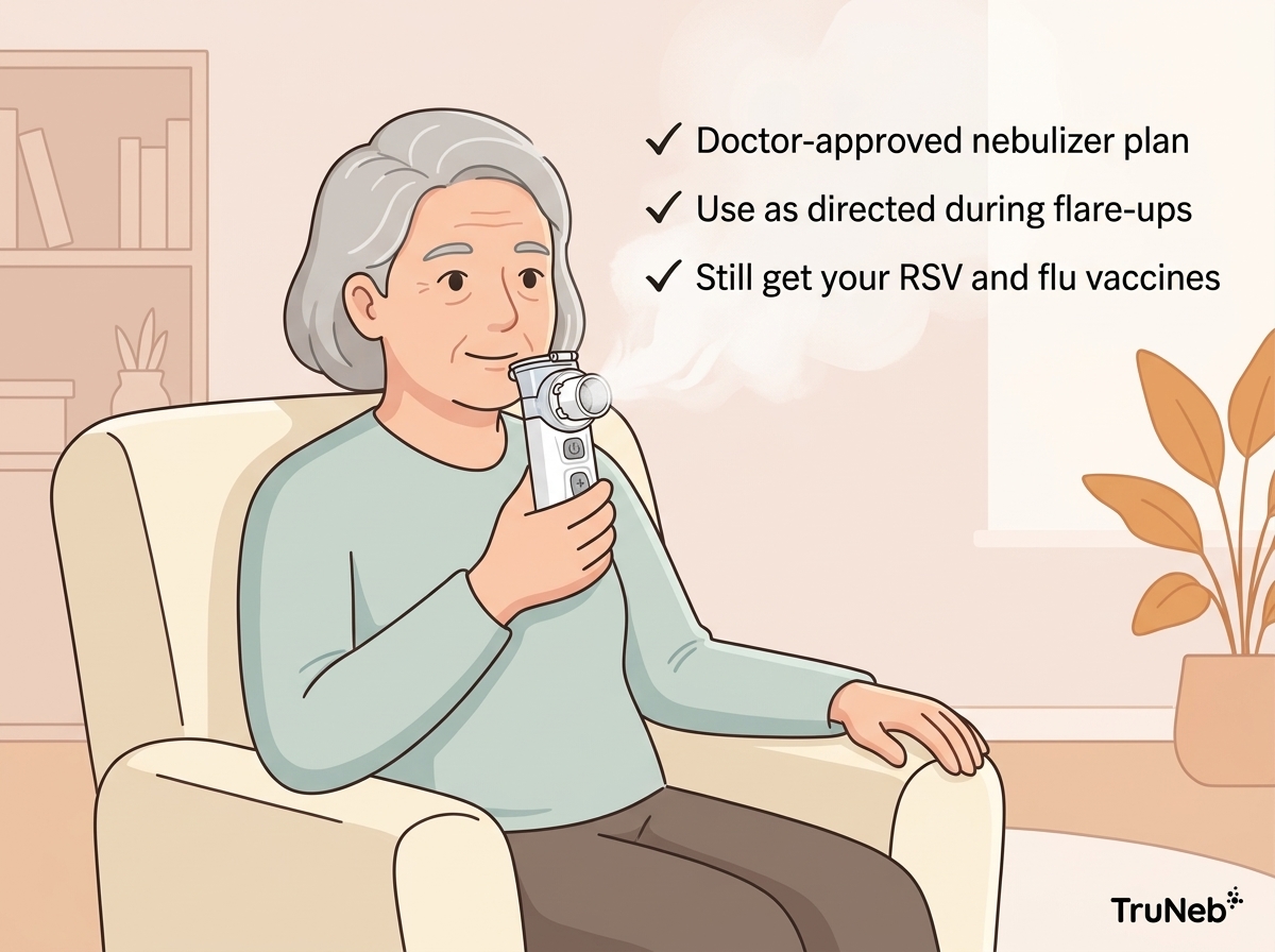 Older adult using a TruNeb portable nebulizer at home with a checklist showing nebulizer use as part of an RSV symptom plan