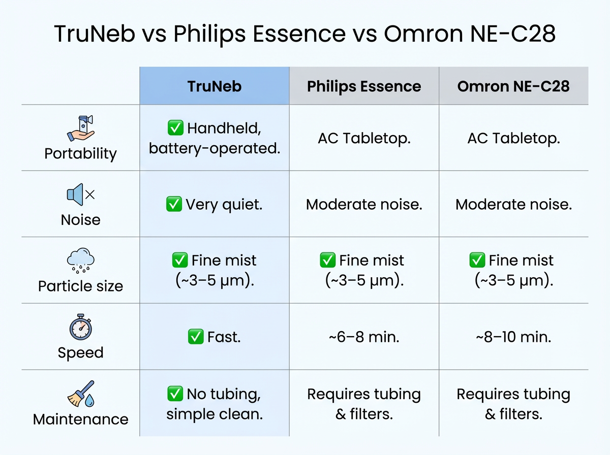 Side‑by‑side comparison of TruNeb, Philips InnoSpire Essence, and Omron NE‑C28 for portability, noise, particle size, speed, and maintenance.