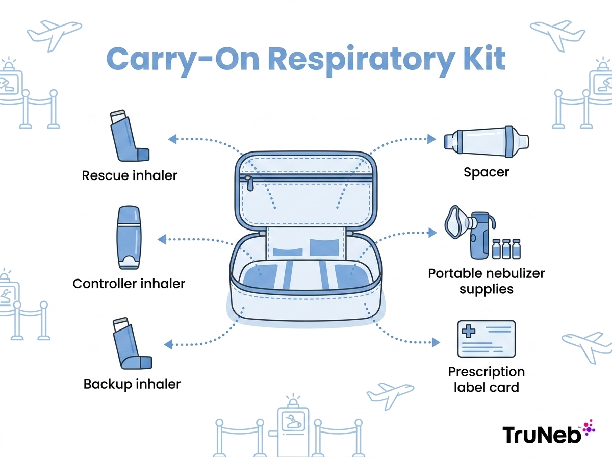 Infographic showing a carry-on respiratory kit with rescue inhaler, controller inhaler, backup inhaler, spacer, portable nebulizer supplies, and prescription label card