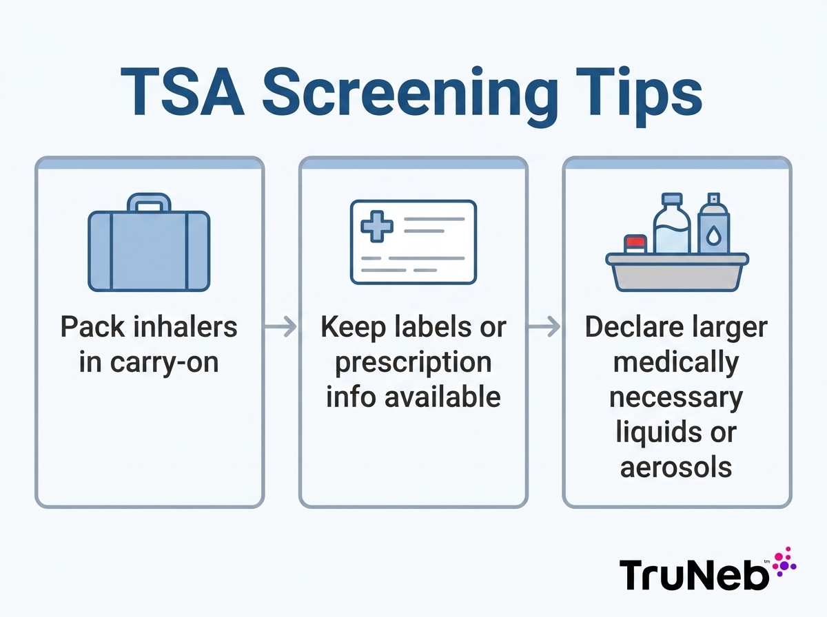 Three-step TSA screening infographic: pack inhalers in carry-on, keep labels or prescription information available, and declare larger medically necessary liquids or aerosols