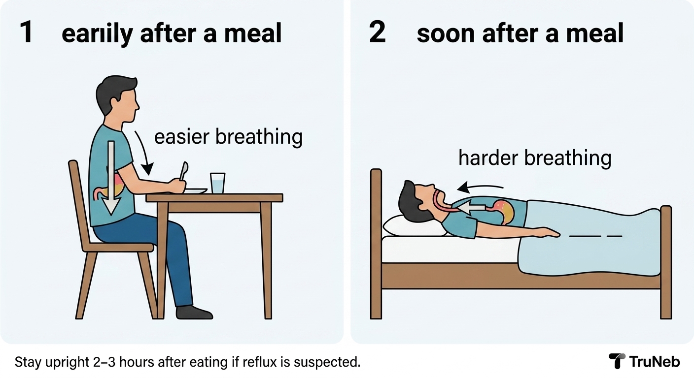 Infographic comparing breathing when sitting upright after a meal versus lying flat with reflux.