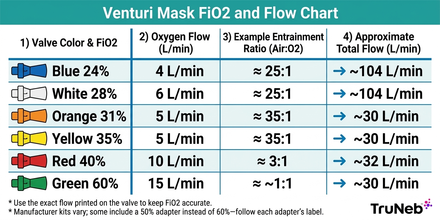 Venturi mask FiO2 and oxygen flow rate comparison chart