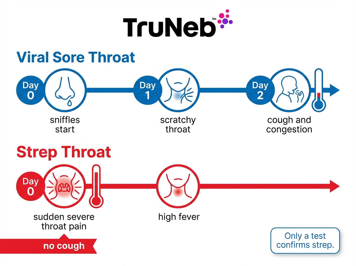 Timeline infographic comparing how viral sore throat and strep throat symptoms develop over the first few days.