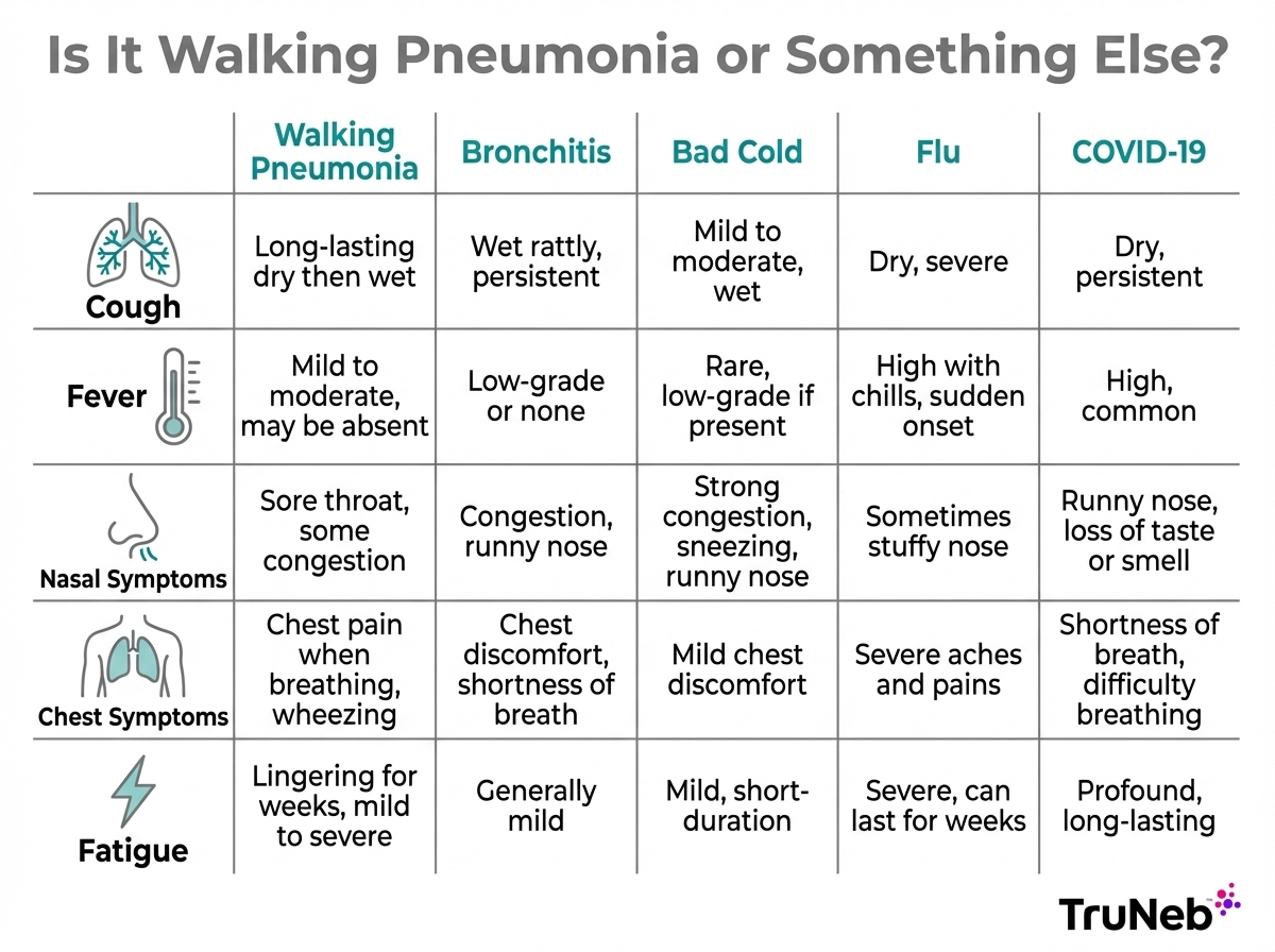 Infographic comparing walking pneumonia symptoms with bronchitis, a bad cold, flu, and COVID-19