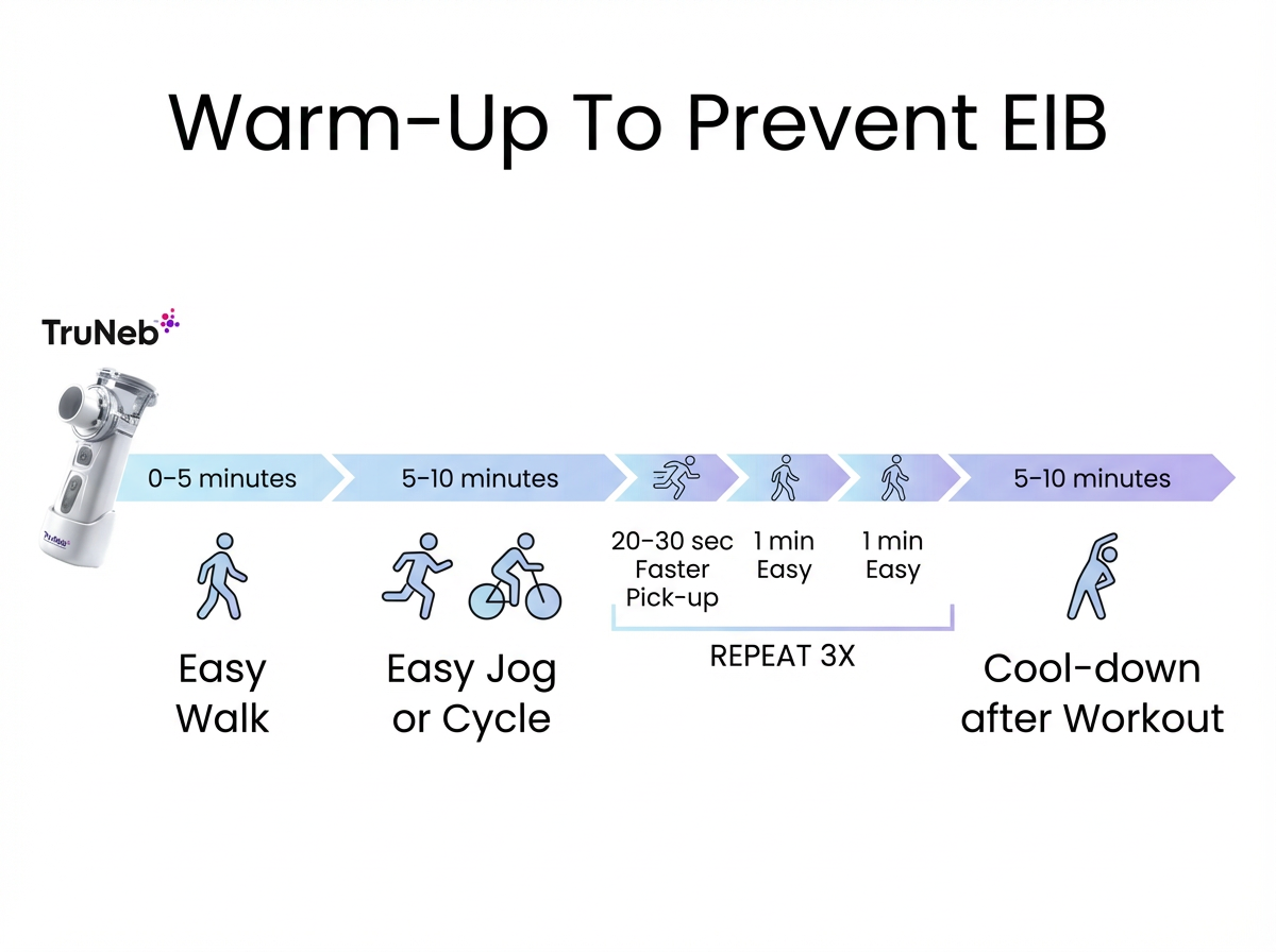 Timeline infographic outlining a structured warm-up routine to reduce exercise-induced bronchospasm.
