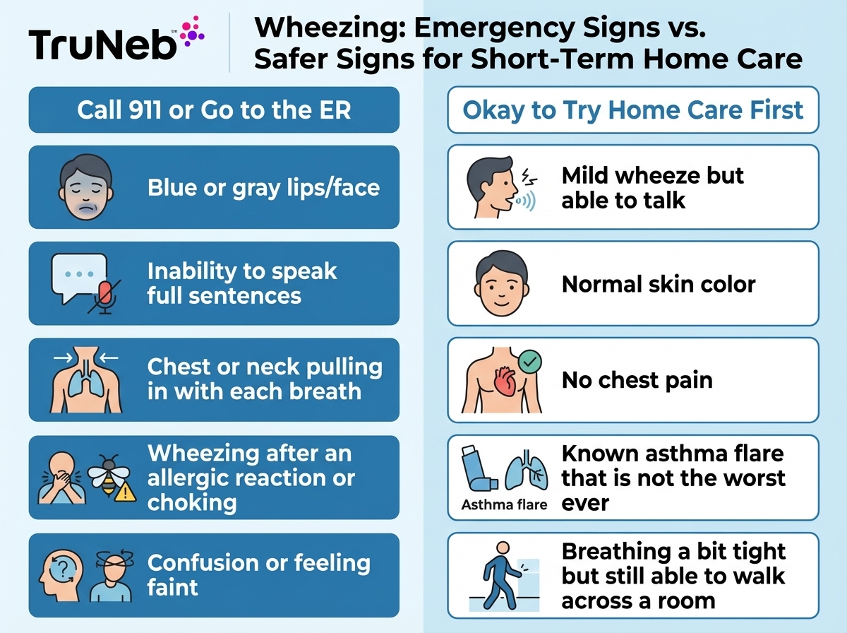 Infographic comparing emergency wheezing signs to safer home-care signs in two columns