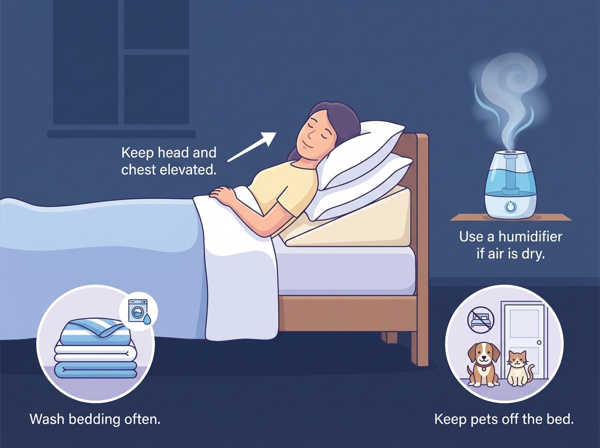 Bedroom infographic showing elevated sleep position and humidifier for nighttime wheezing