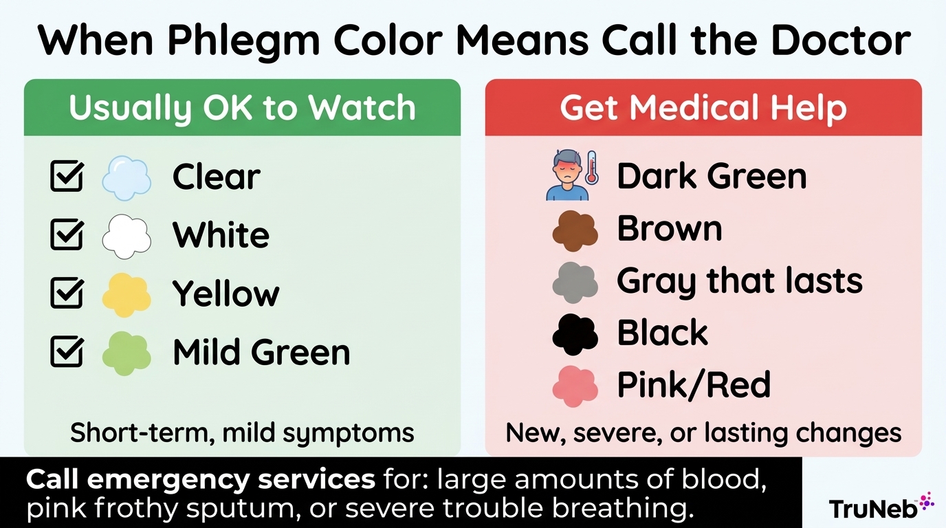 Infographic showing which phlegm colors are usually safe to watch and which need medical care