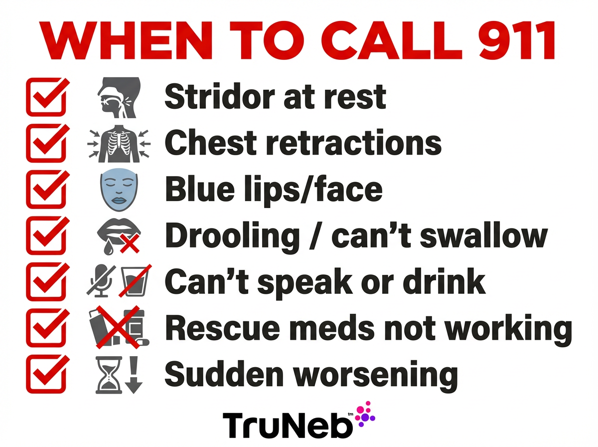 When to Call 911 Emergency checklist infographic listing when to call 911 for noisy or difficult breathing