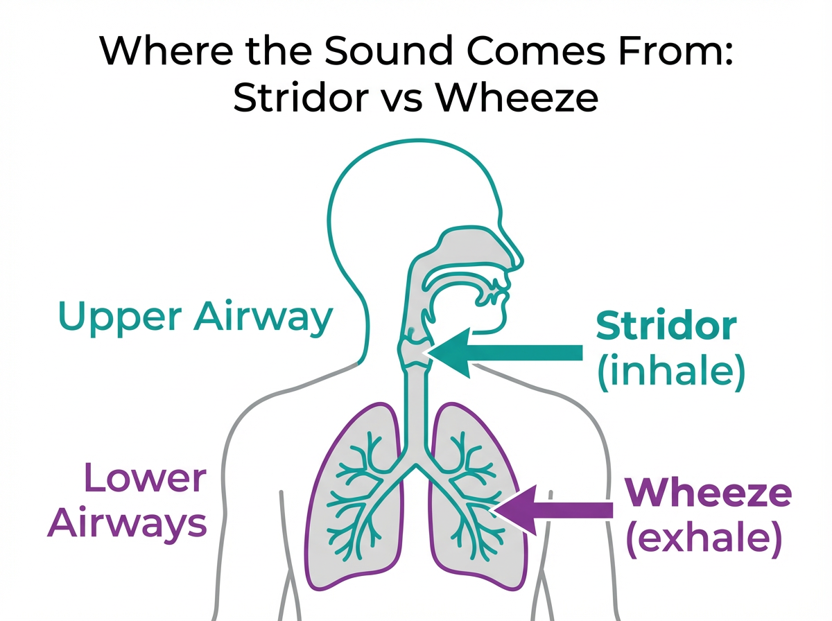 Where the Sound Comes From: Stridor vs Wheeze Diagram of upper airway and lower airways showing where stridor and wheeze sounds come from
