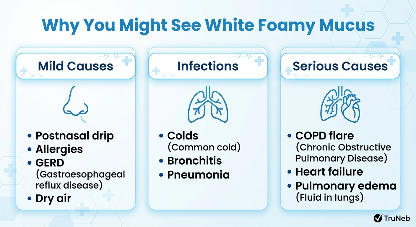 Why You Might See White Foamy Mucus - Mild, Infectious, and Serious Causes Infographic explaining mild, infectious, and serious causes of white foamy mucus