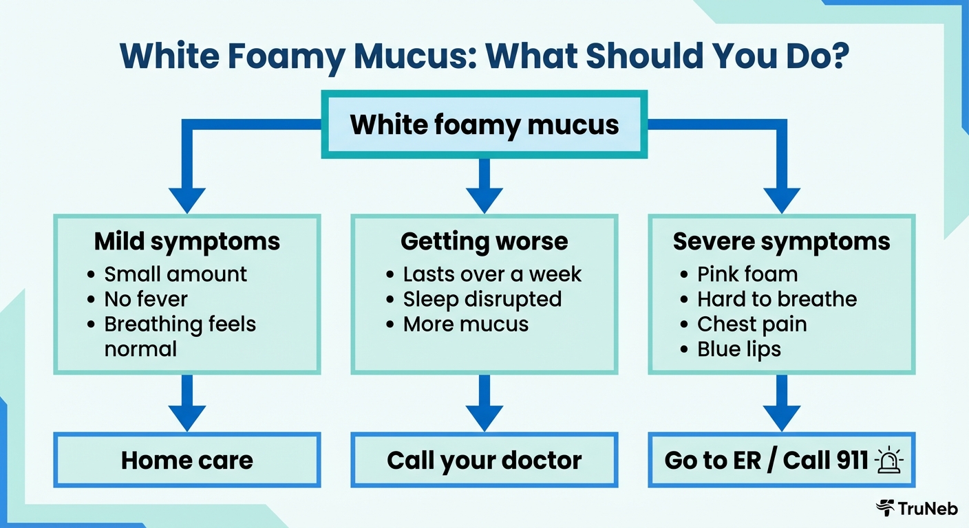 White Foamy Mucus: What Should You Do? Flowchart showing what to do for white foamy mucus from mild to emergency signs