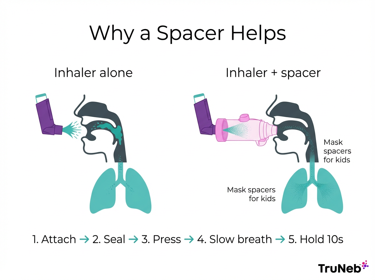 Why a Spacer Helps infographic Why a spacer helps with inhaler medicine delivery infographic