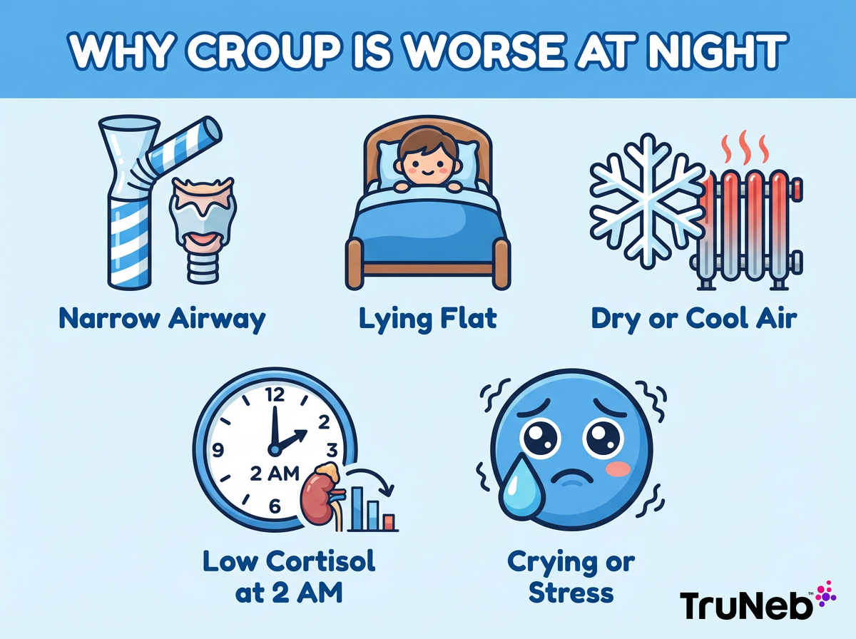 Five simple icons showing narrow airway, lying flat, dry or cool air, low cortisol, and crying or stress as reasons croup worsens at night.