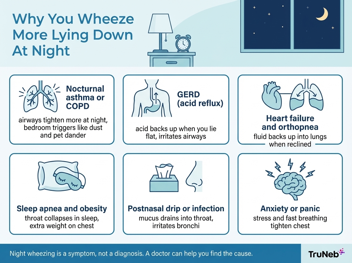 Infographic summarizing the main causes of wheezing when lying down at night