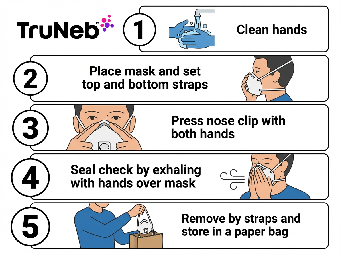 How to wear and fit check your respirator mask Five-step illustrated guide for putting on, checking the seal of, and removing a respirator mask