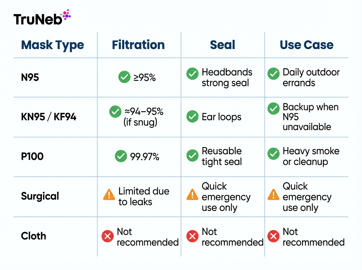 Mask types, filtration, seal, and use cases for wildfire smoke Table comparing N95, KN95 or KF94, P100, surgical, and cloth masks for wildfire smoke