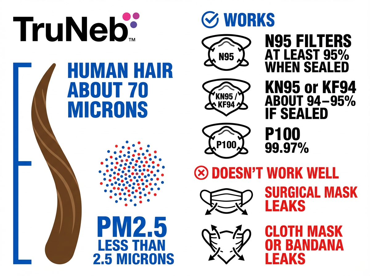 PM2.5 size vs human hair and mask effectiveness Infographic comparing PM2.5 particle size to human hair and showing which masks work for wildfire smoke