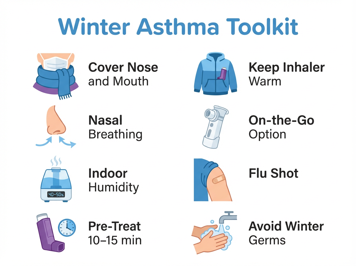 Winter Asthma Toolkit Infographic Winter Asthma Toolkit checklist infographic with icons for key cold-weather asthma tips.