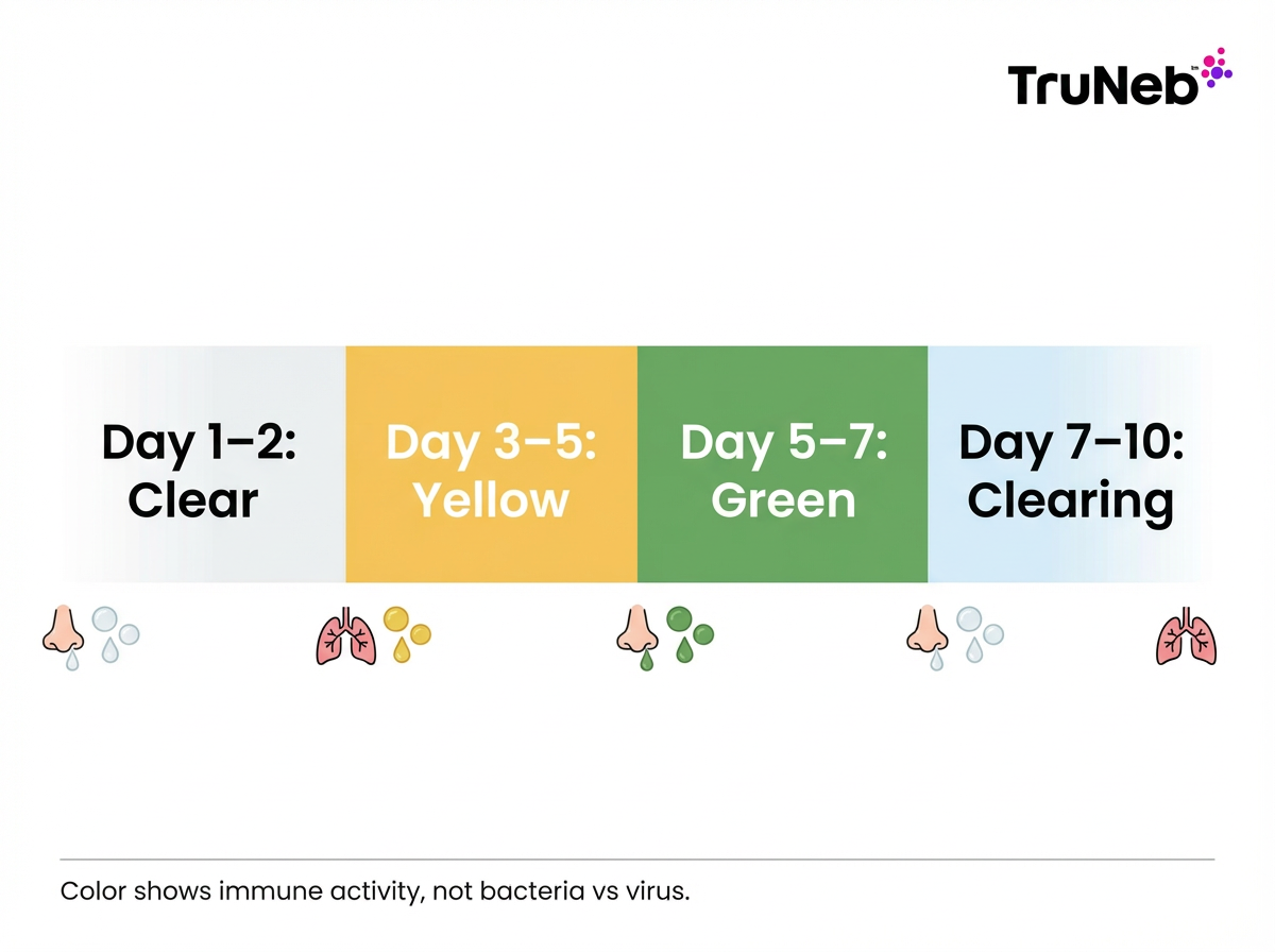 Infographic timeline showing typical mucus color changes during a cold from day 1 to day 10.